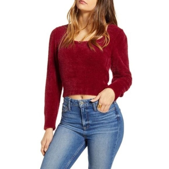ASTR The LABEL Y2K Square Neck Puff Sleeve Fuzzy Faux Fur Crop Fitted Sweater XL - Picture 1 of 8